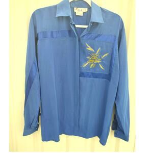 Vintage Jac Dale Satin Button Down Blouse Embroidered Sz 4/34 Blue